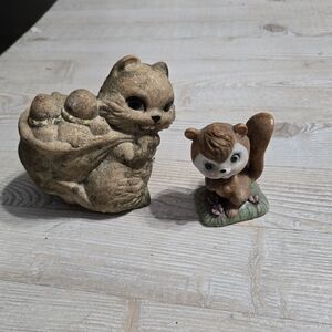 Vintage Squirrel Garden Statue & Ceramic Chipmunk Figurine